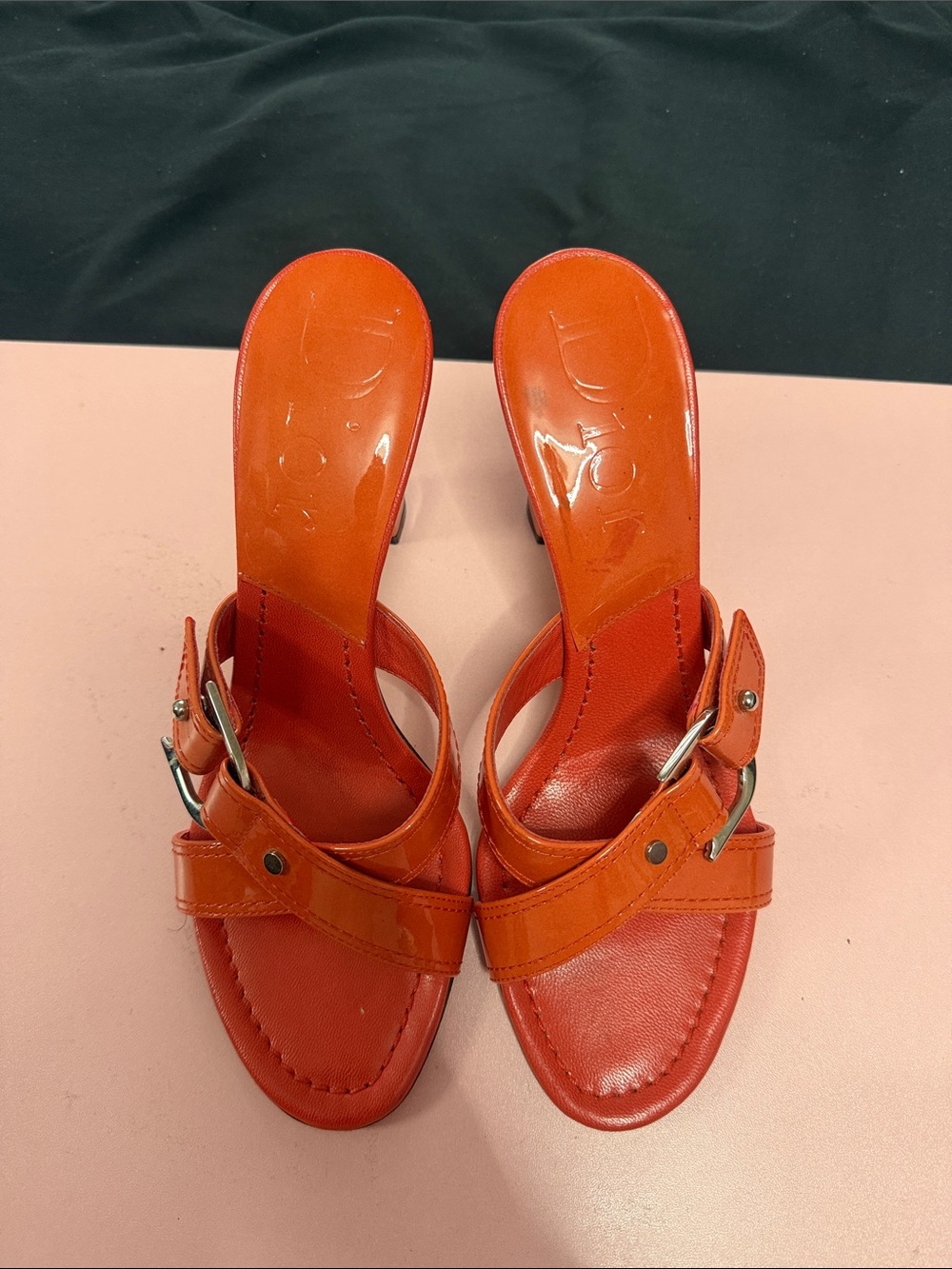 Dior Orange Patent Leather Buckle Slide Mules